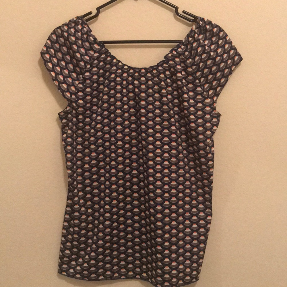 Short sleeve, pink, navy, and white blouse